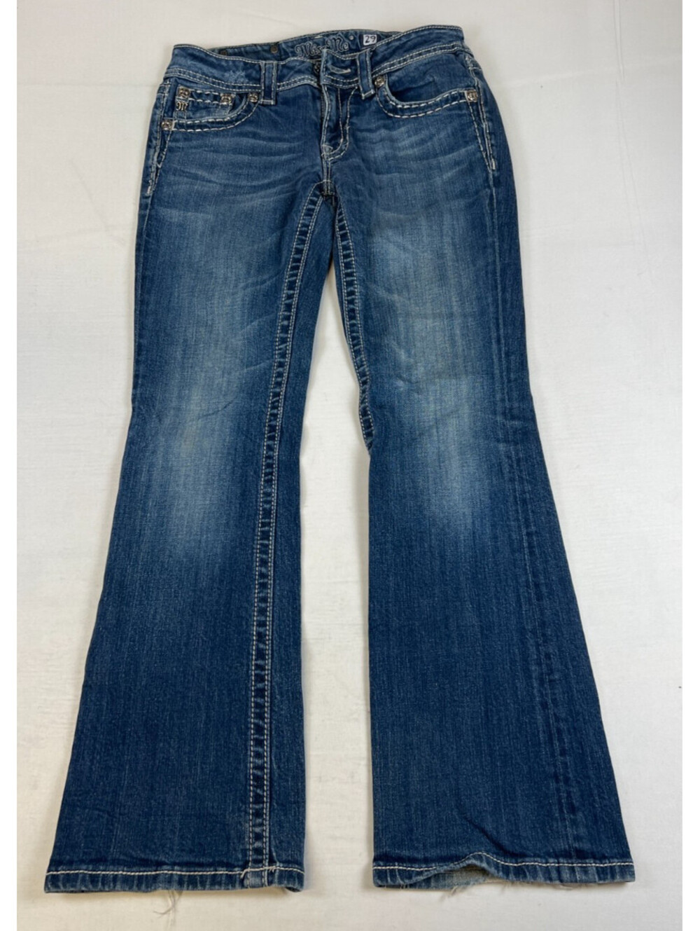 Miss Me Women's 29x31 Blue Bootcut Jeans Rhinestone Flap Pockets Palm Hill